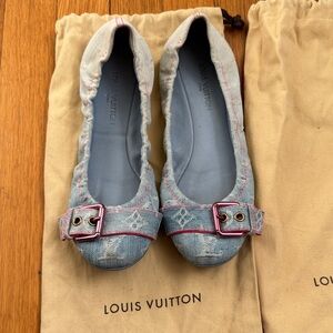 Louis Vuitton Blue Denim Flats with Pink Stitching